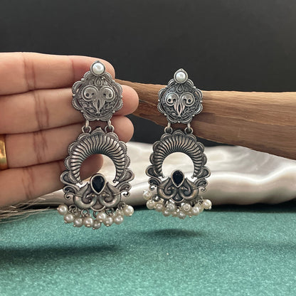 German silver look jhumka earrings oxidised finish with intricate temple design, perfect for festive wear,Vintage German silver look hoop earrings  boho inspired design for casual and traditional wear