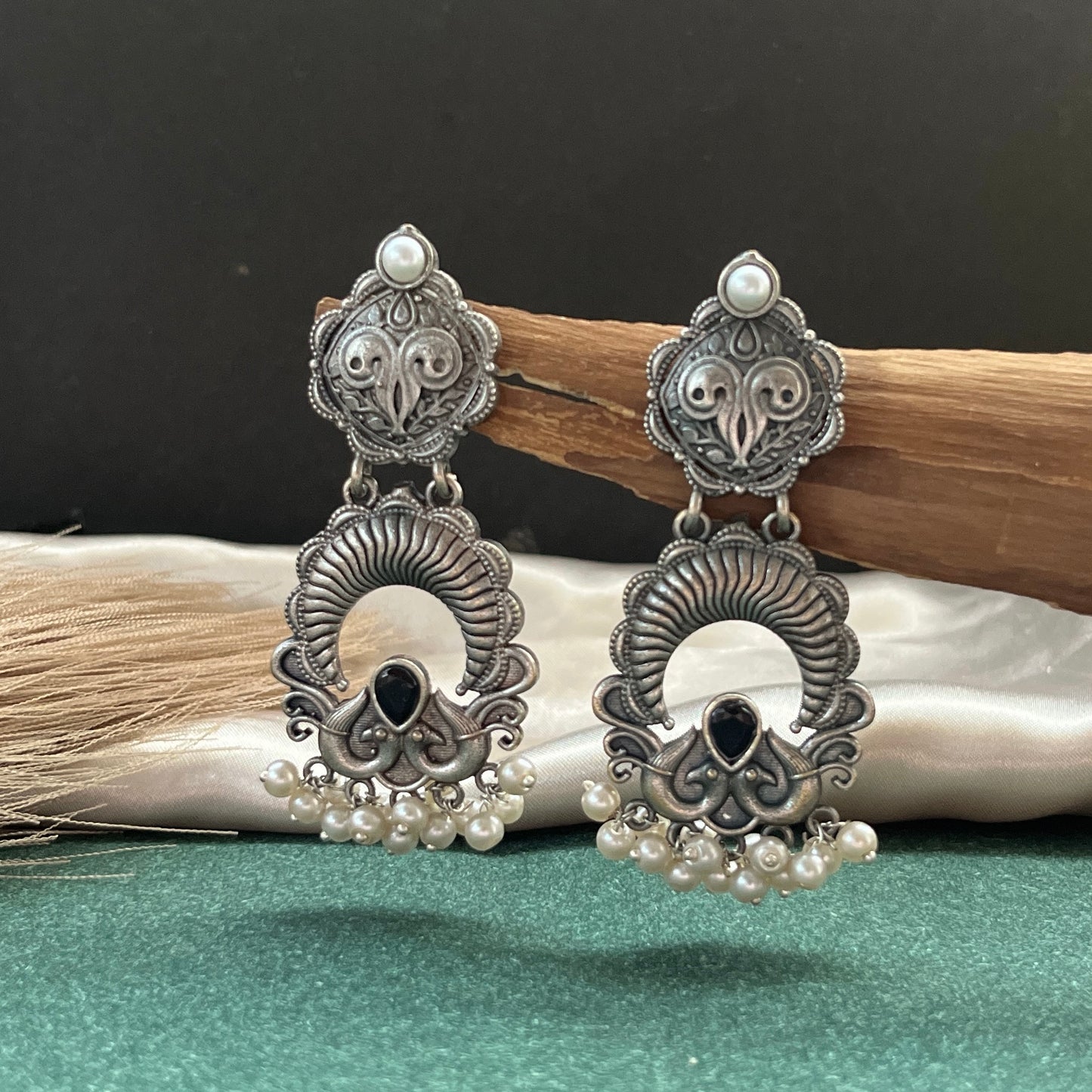 German silver look jhumka earrings oxidised finish with intricate temple design, perfect for festive wear,Vintage German silver look hoop earrings  boho inspired design for casual and traditional wear