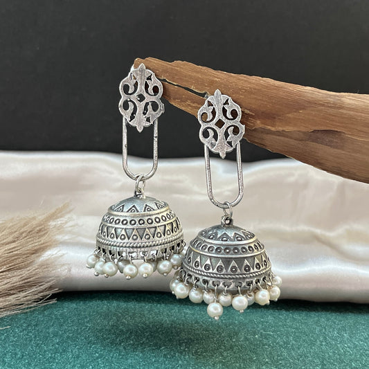 German silver look jhumka earrings oxidised finish with intricate temple design, perfect for festive wear,Vintage German silver look hoop earrings  boho inspired design for casual and traditional wear