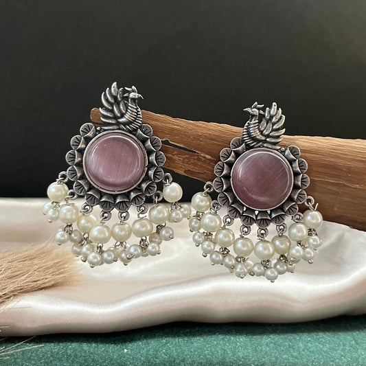 German silver look jhumka earrings oxidised finish with intricate temple design, perfect for festive wear,Vintage German silver look hoop earrings  boho inspired design for casual and traditional wear