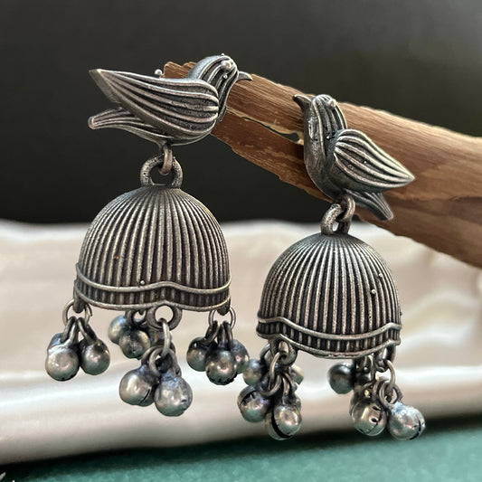 German silver look jhumka earrings oxidised finish with intricate temple design, perfect for festive wear,Vintage German silver look hoop earrings  boho inspired design for casual and traditional wear