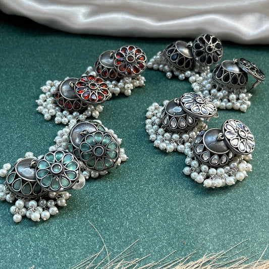 German silver look jhumka earrings oxidised finish with intricate temple design, perfect for festive wear,Vintage German silver look hoop earrings  boho inspired design for casual and traditional wear