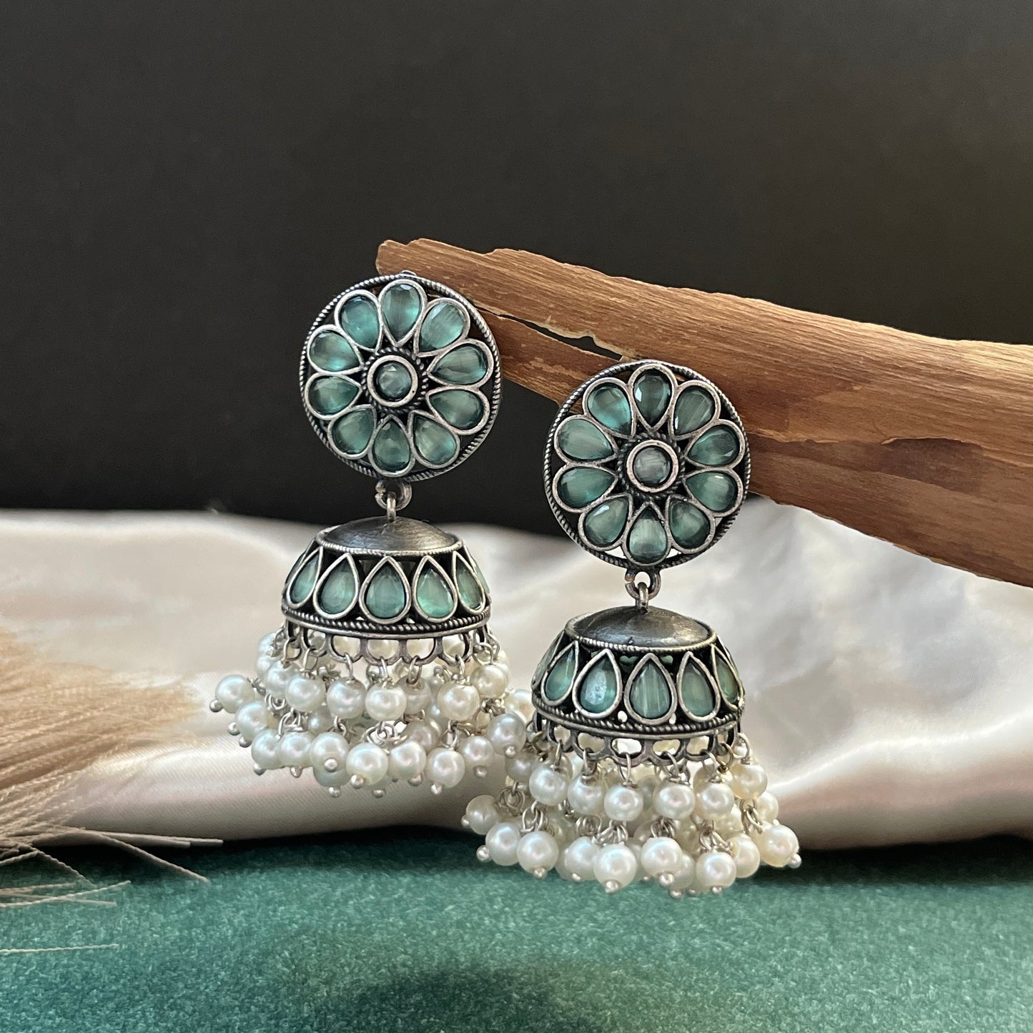 German silver look jhumka earrings oxidised finish with intricate temple design, perfect for festive wear,Vintage German silver look hoop earrings  boho inspired design for casual and traditional wear