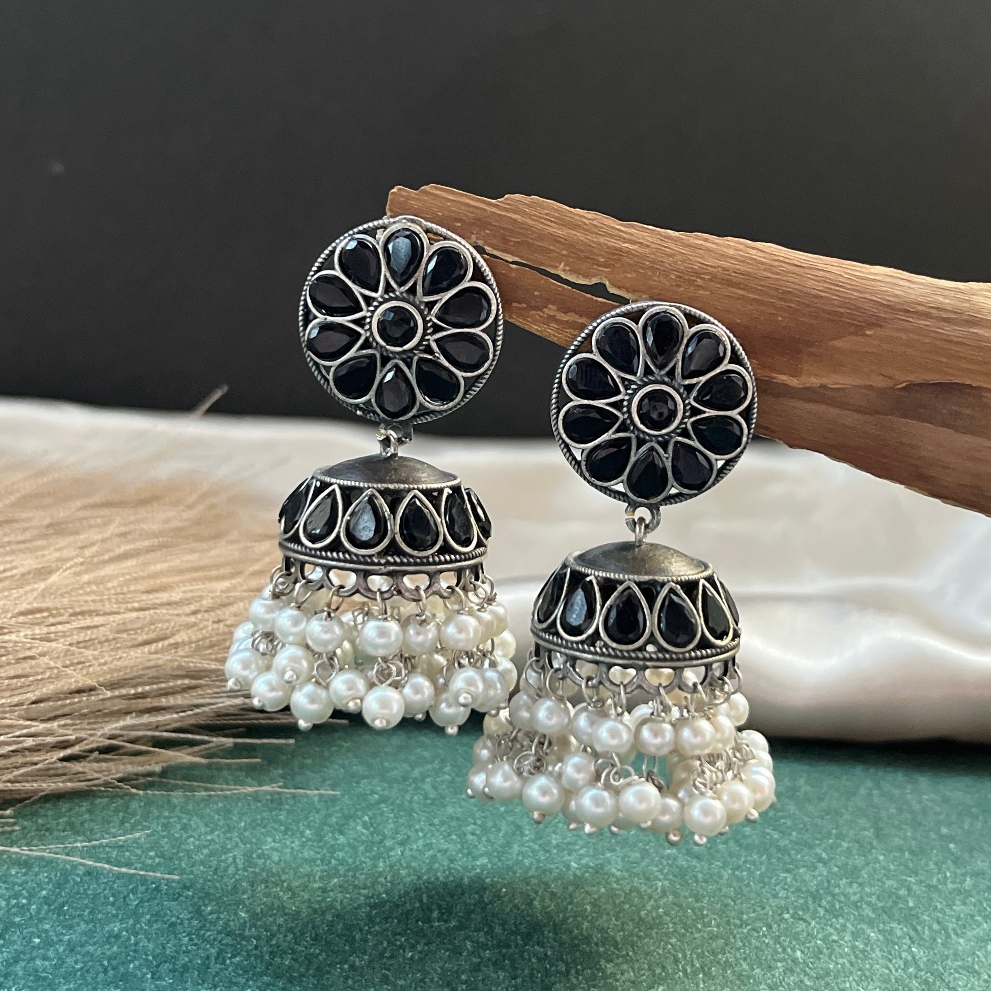 German silver look jhumka earrings oxidised finish with intricate temple design, perfect for festive wear,Vintage German silver look hoop earrings  boho inspired design for casual and traditional wear