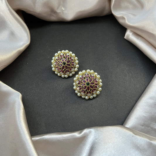 Traditional gold look South Indian stud earrings imitation jewelry with temple design motifs,Gold finish South Indian kemp earrings classic design with colorful stones for traditional outfits,South Indian gold tone jhumka earrings intricate detailing, perfect for festive and bridal wear
