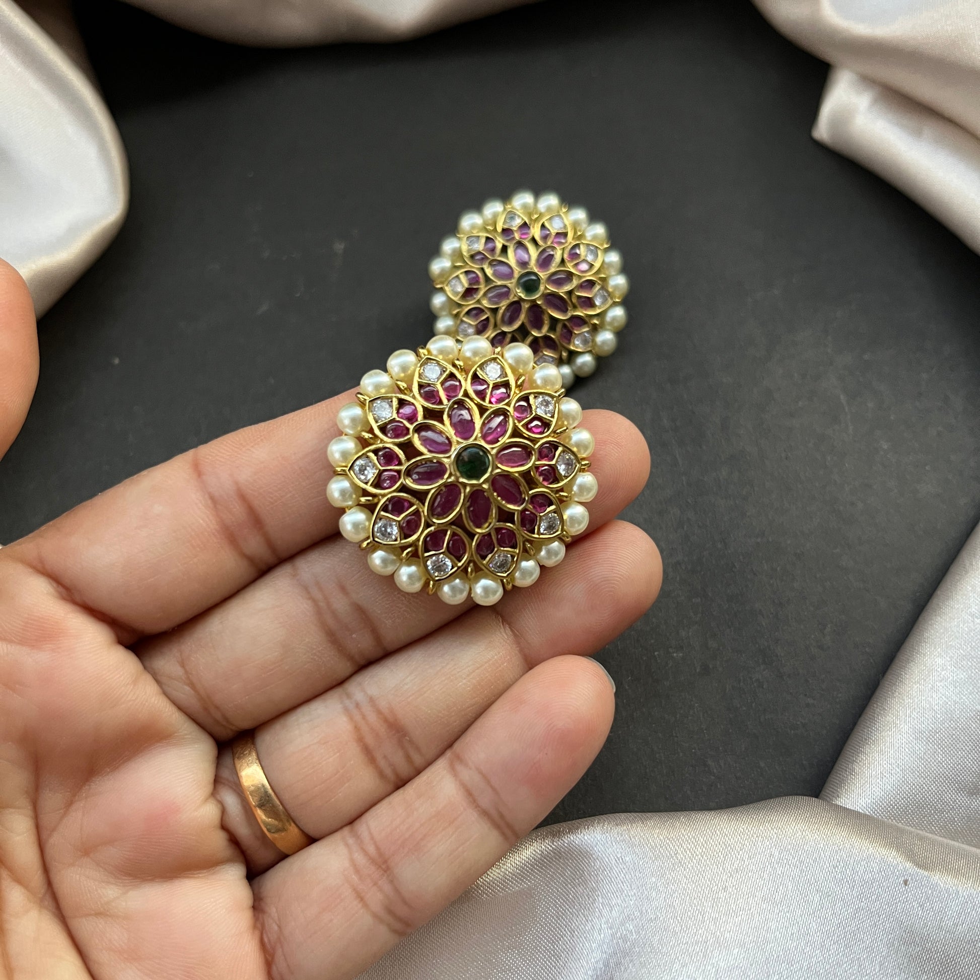 Traditional gold look South Indian stud earrings imitation jewelry with temple design motifs,Gold finish South Indian kemp earrings classic design with colorful stones for traditional outfits,South Indian gold tone jhumka earrings intricate detailing, perfect for festive and bridal wear
