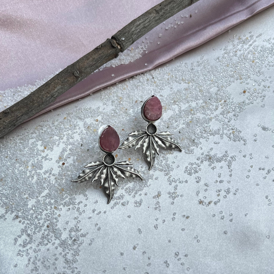 Rustic finish semi-precious sand Stone in leaf like motif stud  Length - 2.0 Inc Silver Look | Light-Weight |Anti-Allergic | Anti-Tarnish