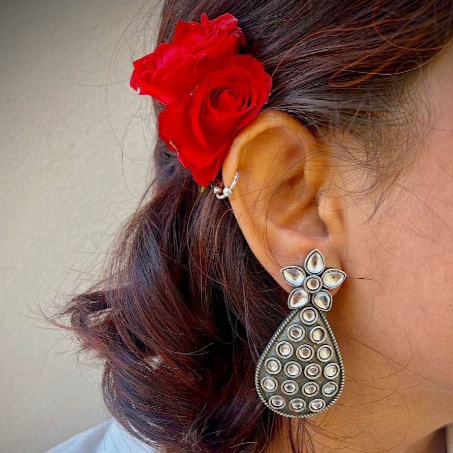 Stone Floral Oval Drop Earrings
