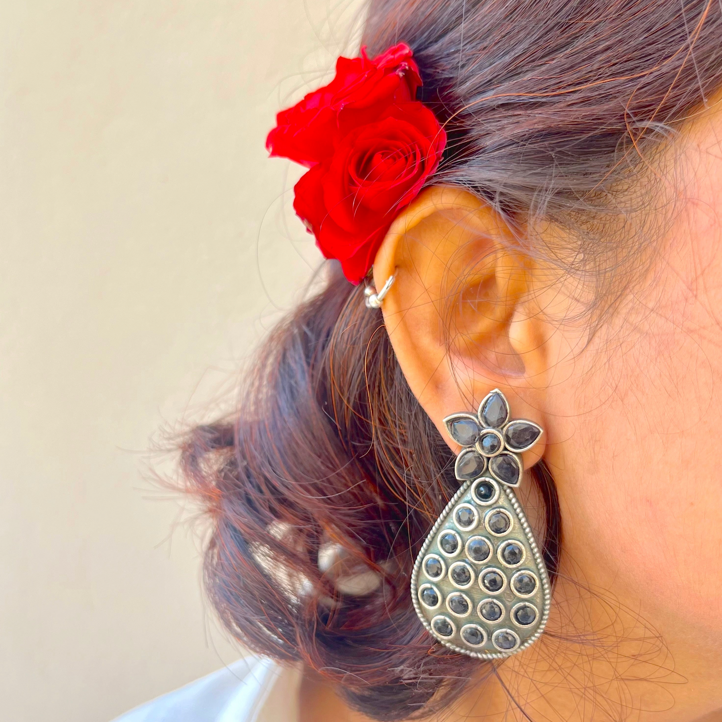 Stone Floral Oval Drop Earrings