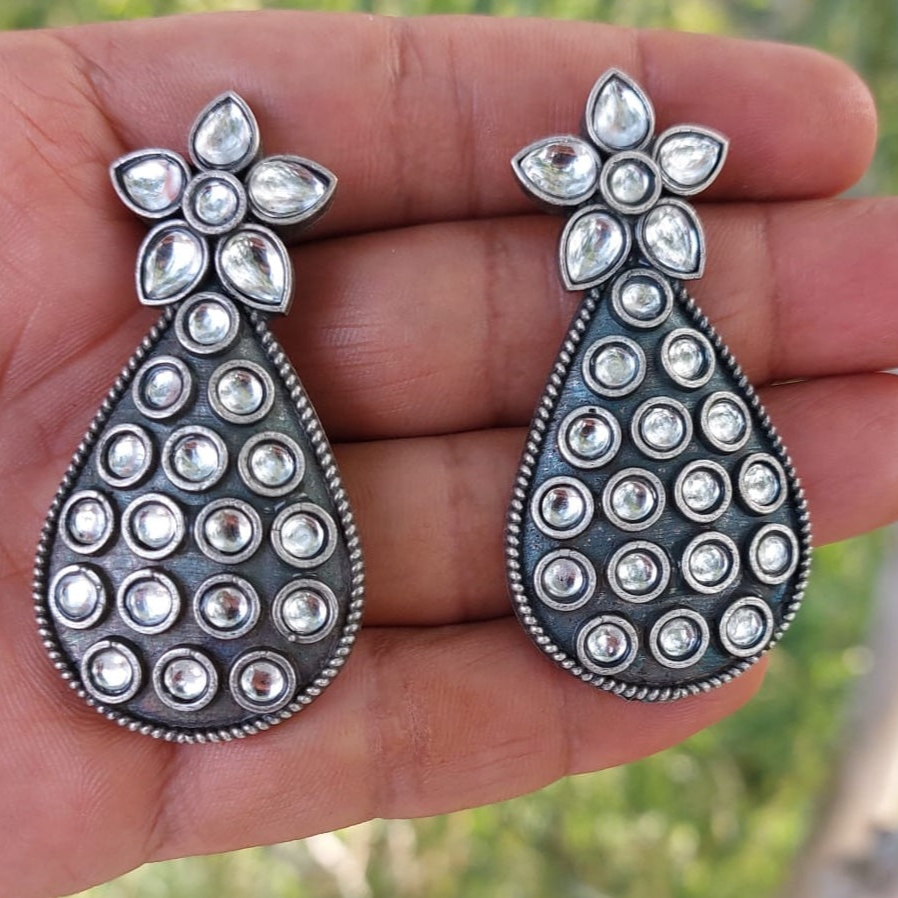 Stone Floral Oval Drop Earrings