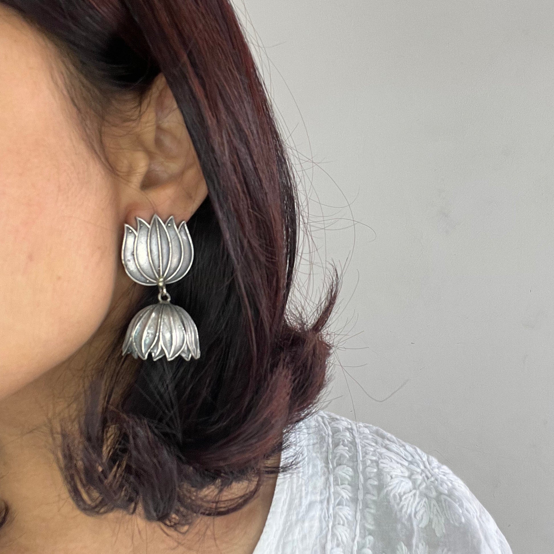  Lotus Jhumkis,Silver Look Jhumkis, Silver Replica
