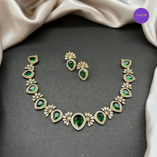 Emerald AD Stone Necklace Set - White with Emerald Green