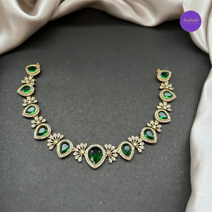 Emerald AD Stone Necklace Set - White with Emerald Green