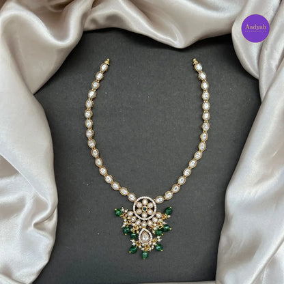 Emerald AD Stone Necklace Set - White with Emerald Green