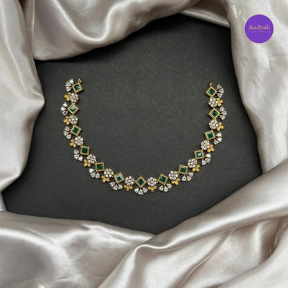 Emerald AD Stone Necklace Set - White with Emerald Green