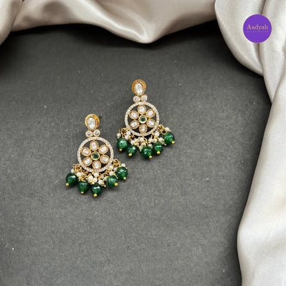 Emerald AD Stone Necklace Set - White with Emerald Green