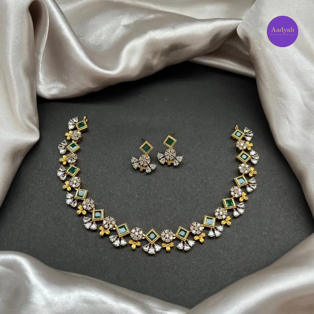 Emerald AD Stone Necklace Set - White with Emerald Green