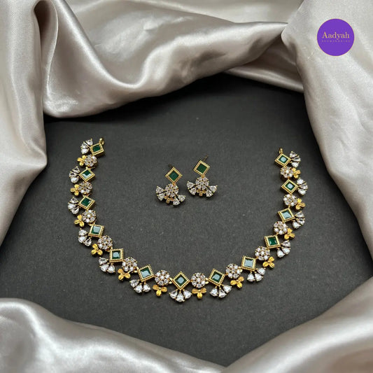 Emerald AD Stone Necklace Set - White with Emerald Green