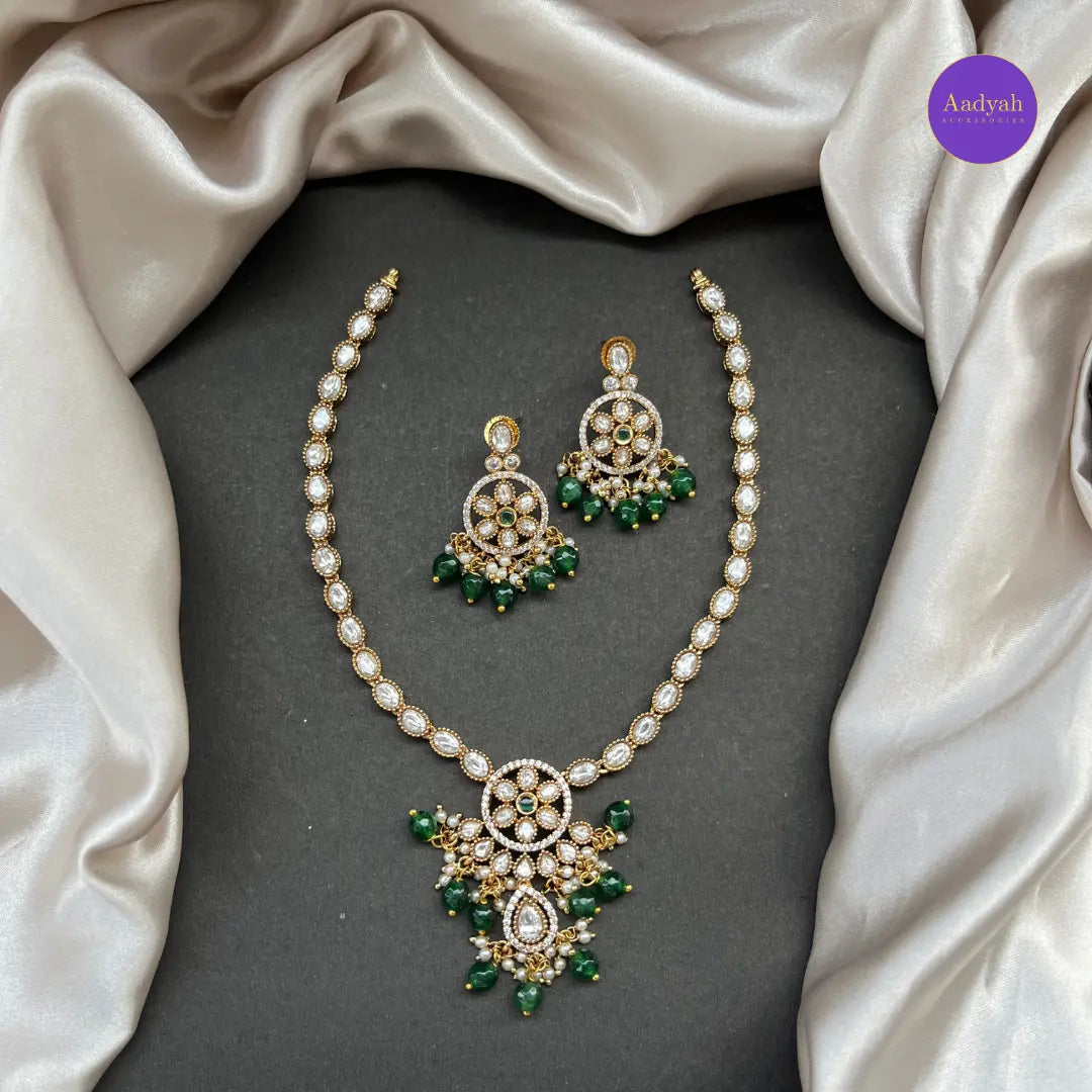 Emerald AD Stone Necklace Set - White with Emerald Green