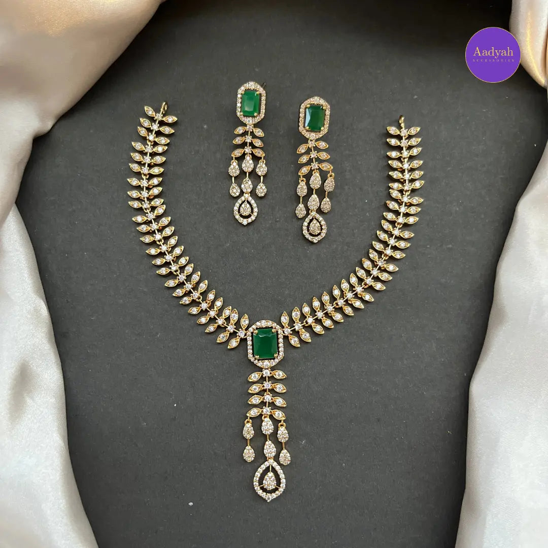 Emerald AD Stone Necklace Set - White with Emerald Green