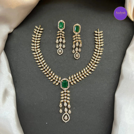 Emerald AD Stone Necklace Set - White with Emerald Green