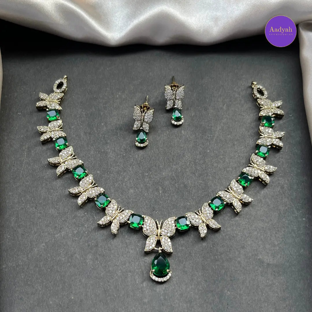 Emerald Green Butterfly Necklace Set - Emerald Green