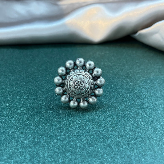 Oxidised German silver ring geometric design with vintage appeal, perfect for casual and cultural occasions,Vintage style German silver tone ring oxidised look with floral motifs, ideal for everyday ethnic fashion