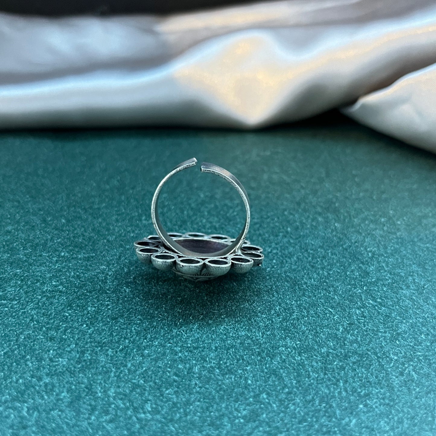 Oxidised German silver ring geometric design with vintage appeal, perfect for casual and cultural occasions,Vintage style German silver tone ring oxidised look with floral motifs, ideal for everyday ethnic fashion