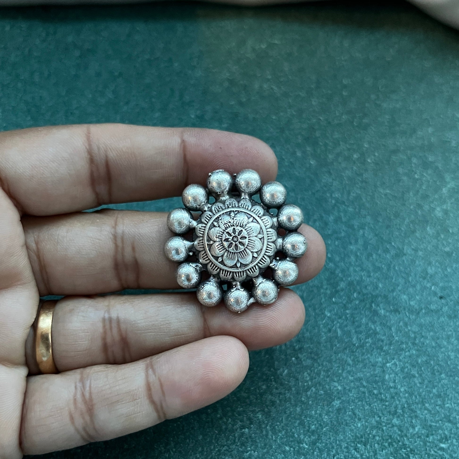 Oxidised German silver ring geometric design with vintage appeal, perfect for casual and cultural occasions,Vintage style German silver tone ring oxidised look with floral motifs, ideal for everyday ethnic fashion