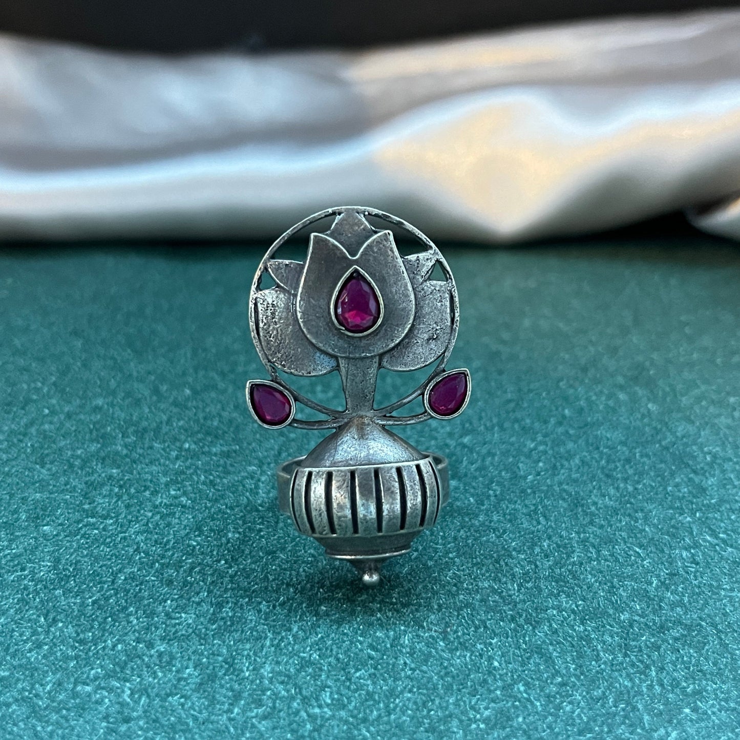 Oxidised German silver ring geometric design with vintage appeal, perfect for casual and cultural occasions,Vintage style German silver tone ring oxidised look with floral motifs, ideal for everyday ethnic fashion