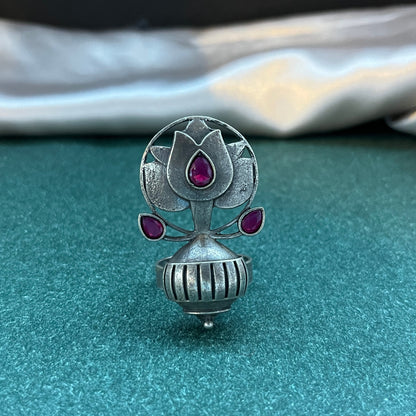 Oxidised German silver ring geometric design with vintage appeal, perfect for casual and cultural occasions,Vintage style German silver tone ring oxidised look with floral motifs, ideal for everyday ethnic fashion