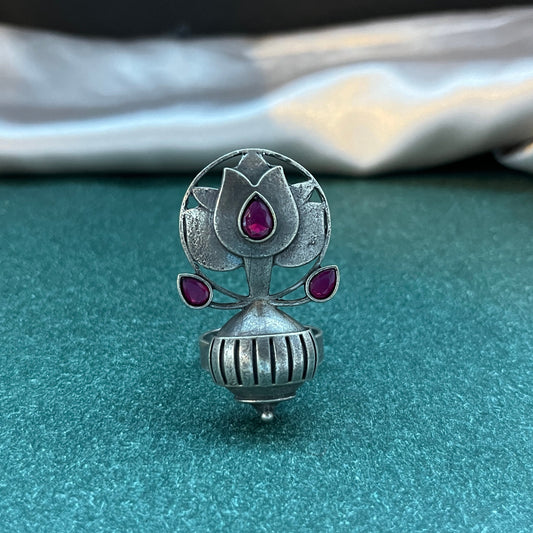 Oxidised German silver ring geometric design with vintage appeal, perfect for casual and cultural occasions,Vintage style German silver tone ring oxidised look with floral motifs, ideal for everyday ethnic fashion
