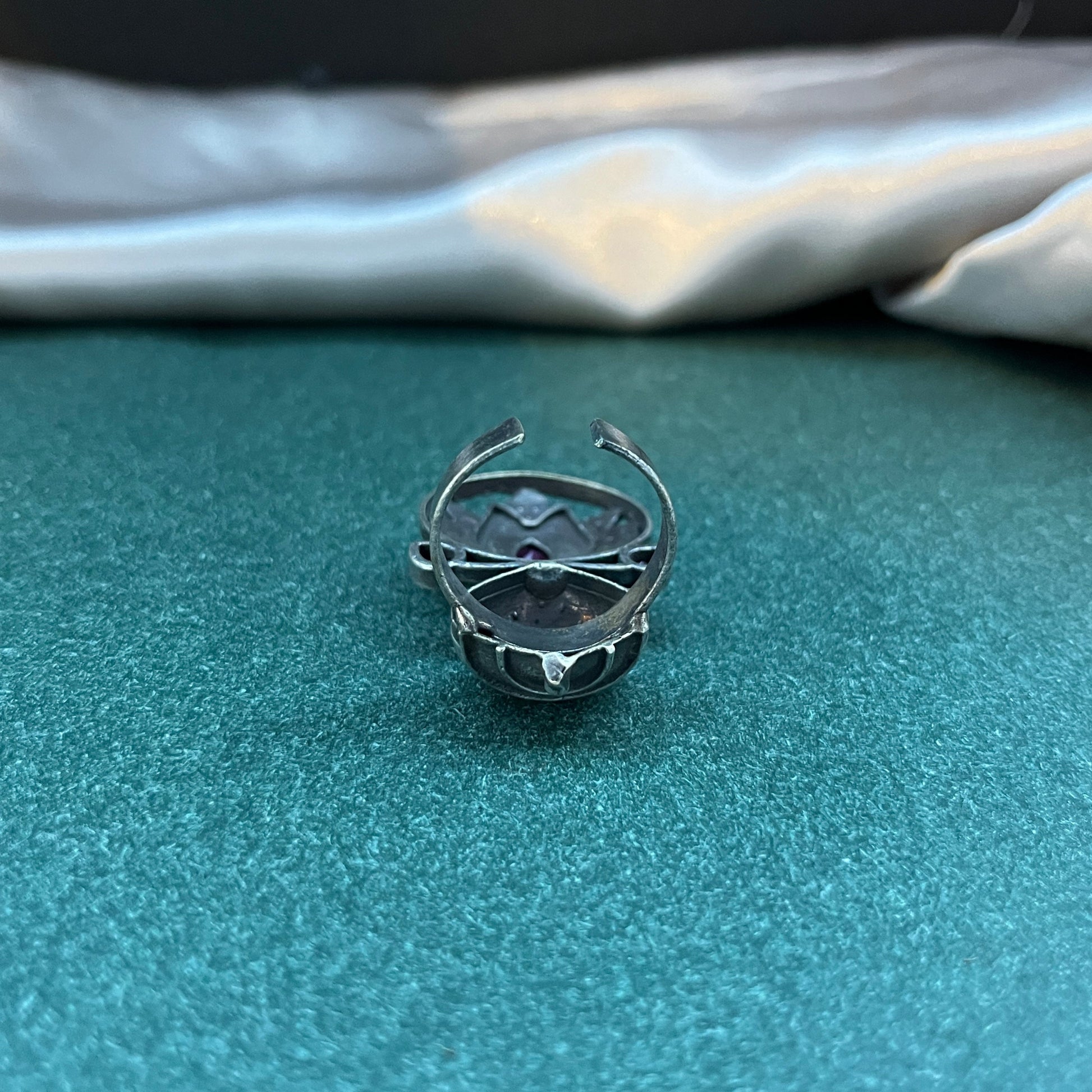Oxidised German silver ring geometric design with vintage appeal, perfect for casual and cultural occasions,Vintage style German silver tone ring oxidised look with floral motifs, ideal for everyday ethnic fashion
