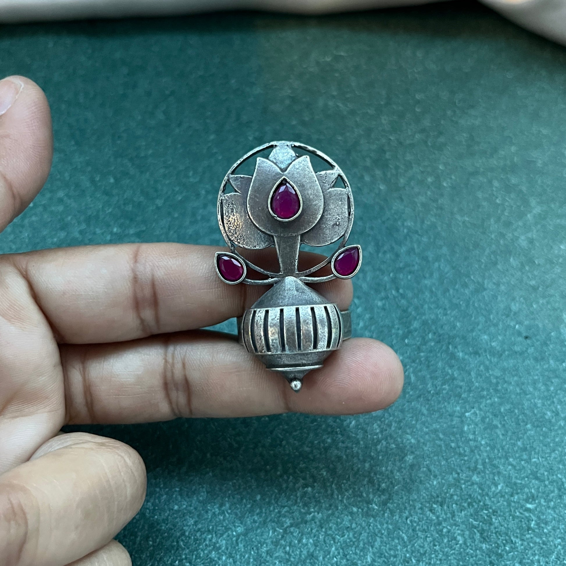 Oxidised German silver ring geometric design with vintage appeal, perfect for casual and cultural occasions,Vintage style German silver tone ring oxidised look with floral motifs, ideal for everyday ethnic fashion