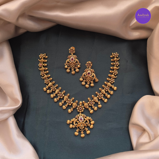 Floral Antique Necklace Set - Gold