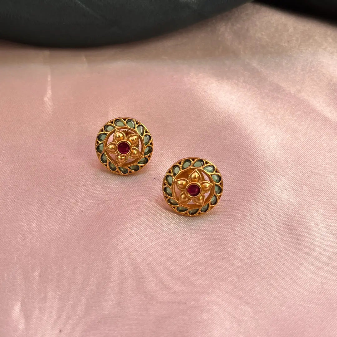 Floral Stud Jhumkas - Green with Pink