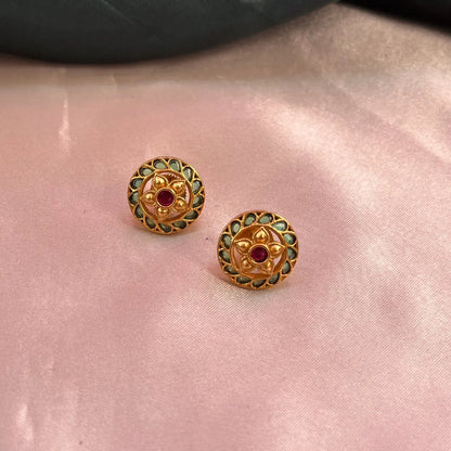 Floral Stud Jhumkas - Green with Pink