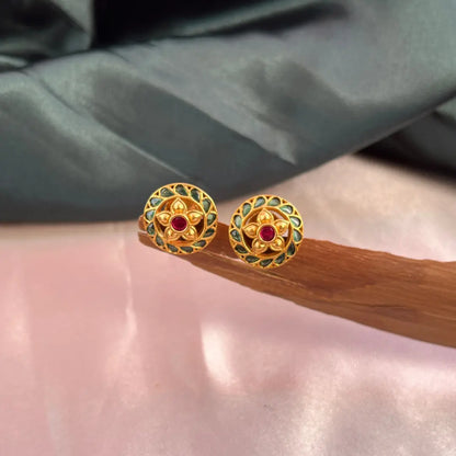 Floral Stud Jhumkas - Green with Pink