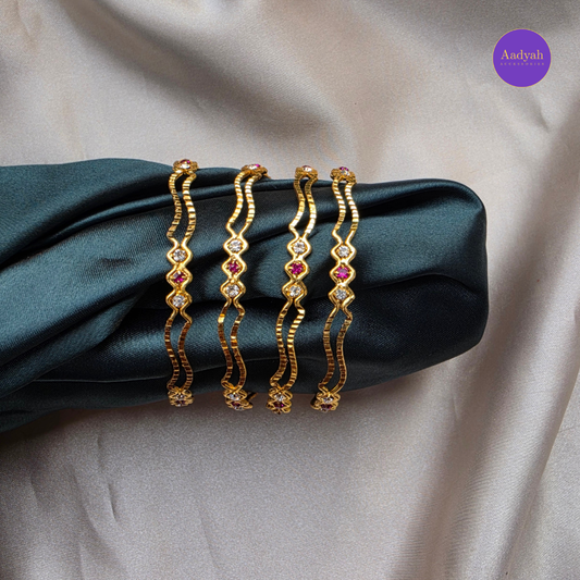 Gold Look Bangles - Pink & White Stone - Set of 4