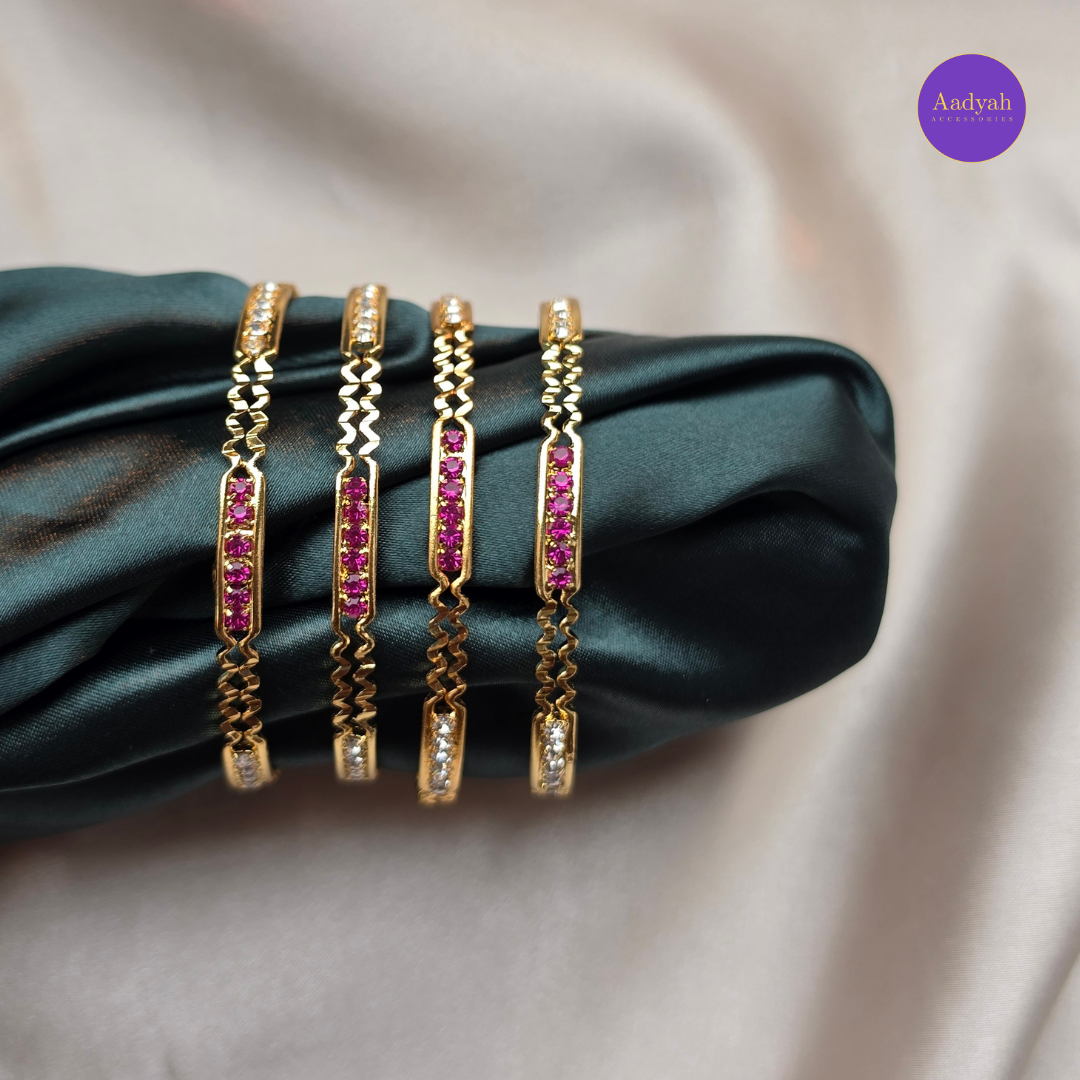 Gold Look Bangles - Pink & White Stone - Set of 4