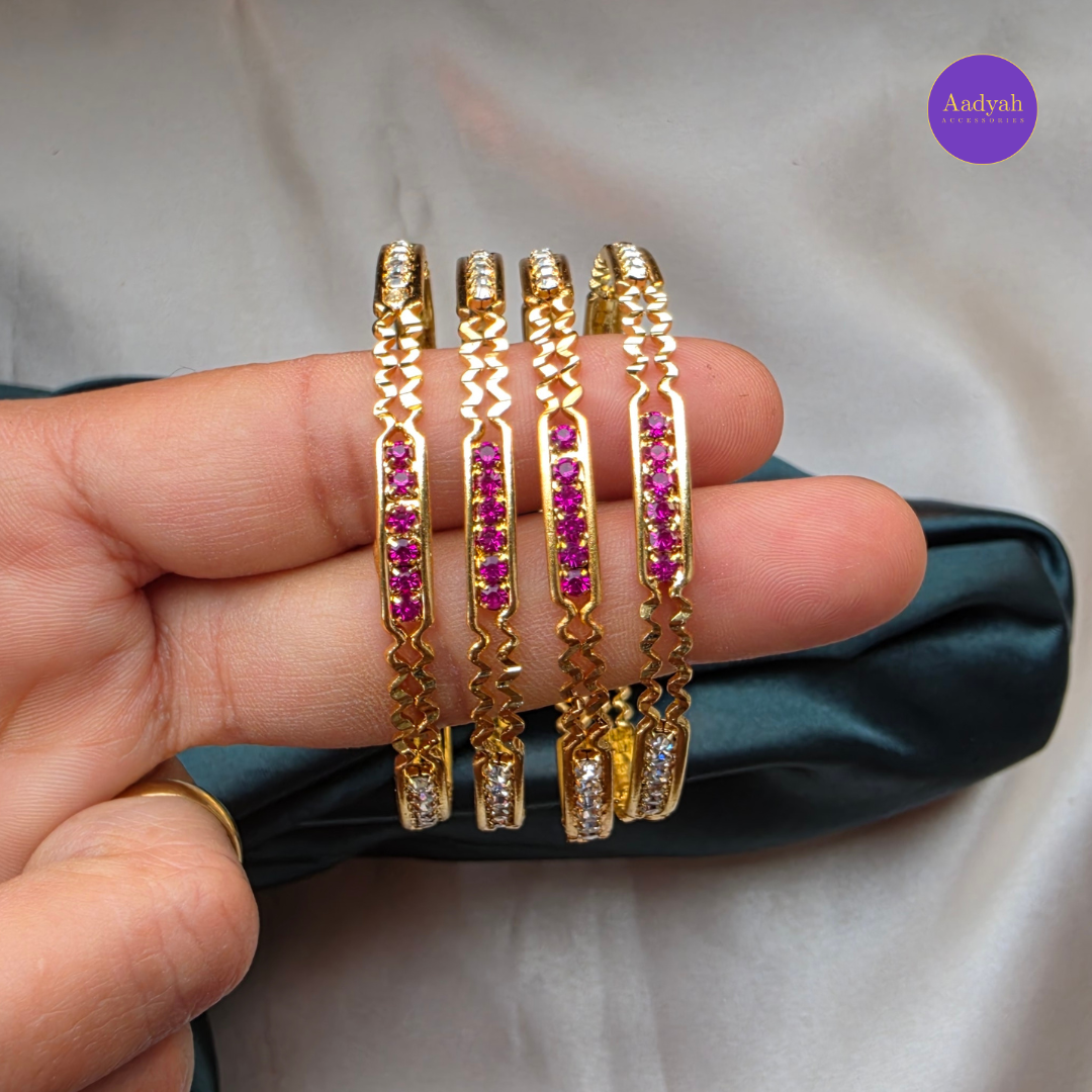 Gold Look Bangles - Pink & White Stone - Set of 4
