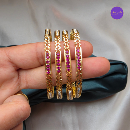 Gold Look Bangles - Pink & White Stone - Set of 4