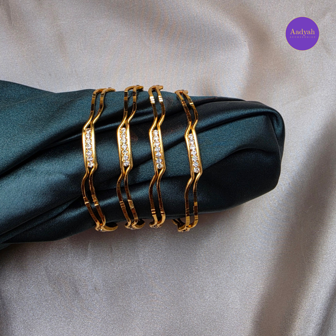 Gold Look Bangles - White Stone - Set of 4