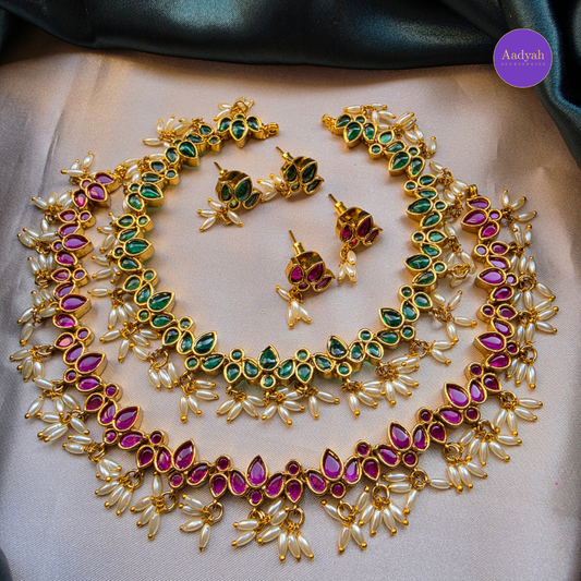 Guttapusulu  Necklace Set - Green & Pink