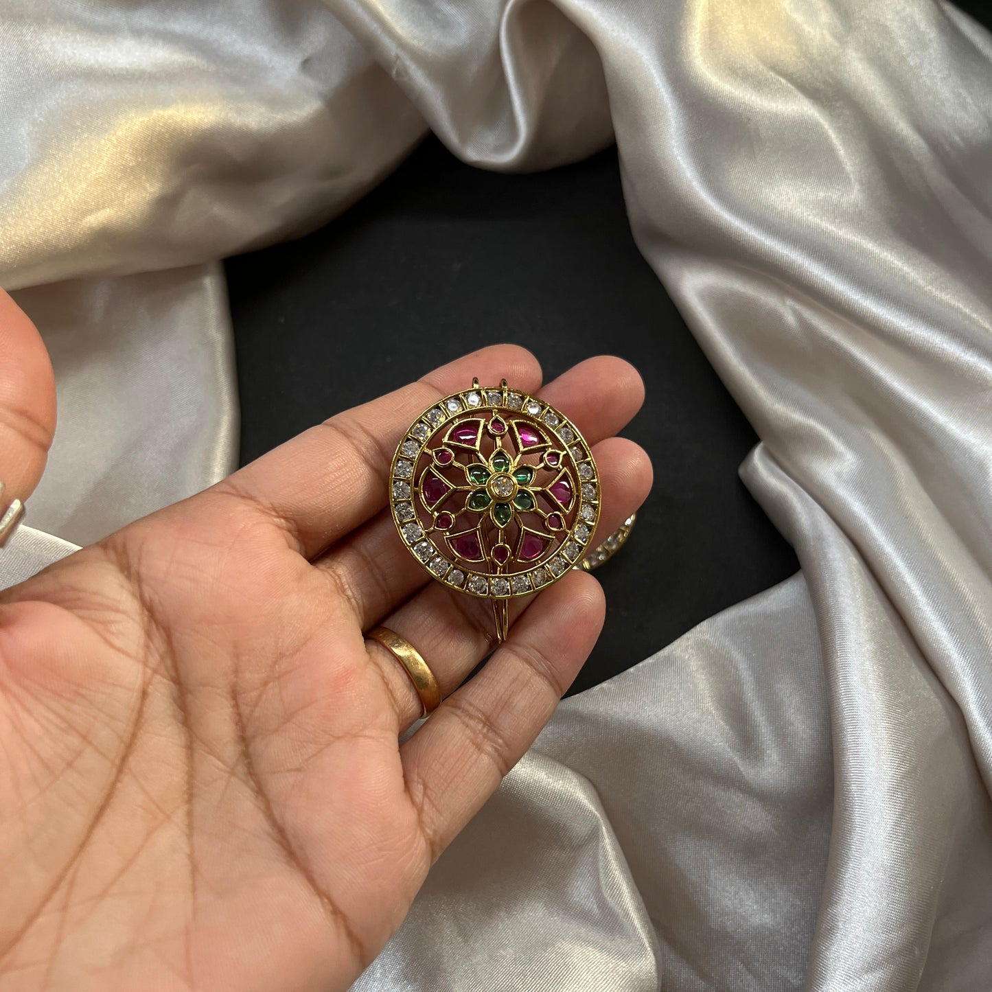 Traditional gold look South Indian stud earrings imitation jewelry with temple design motifs,Gold finish South Indian kemp earrings classic design with colorful stones for traditional outfits,South Indian gold tone jhumka earrings intricate detailing, perfect for festive and bridal wear