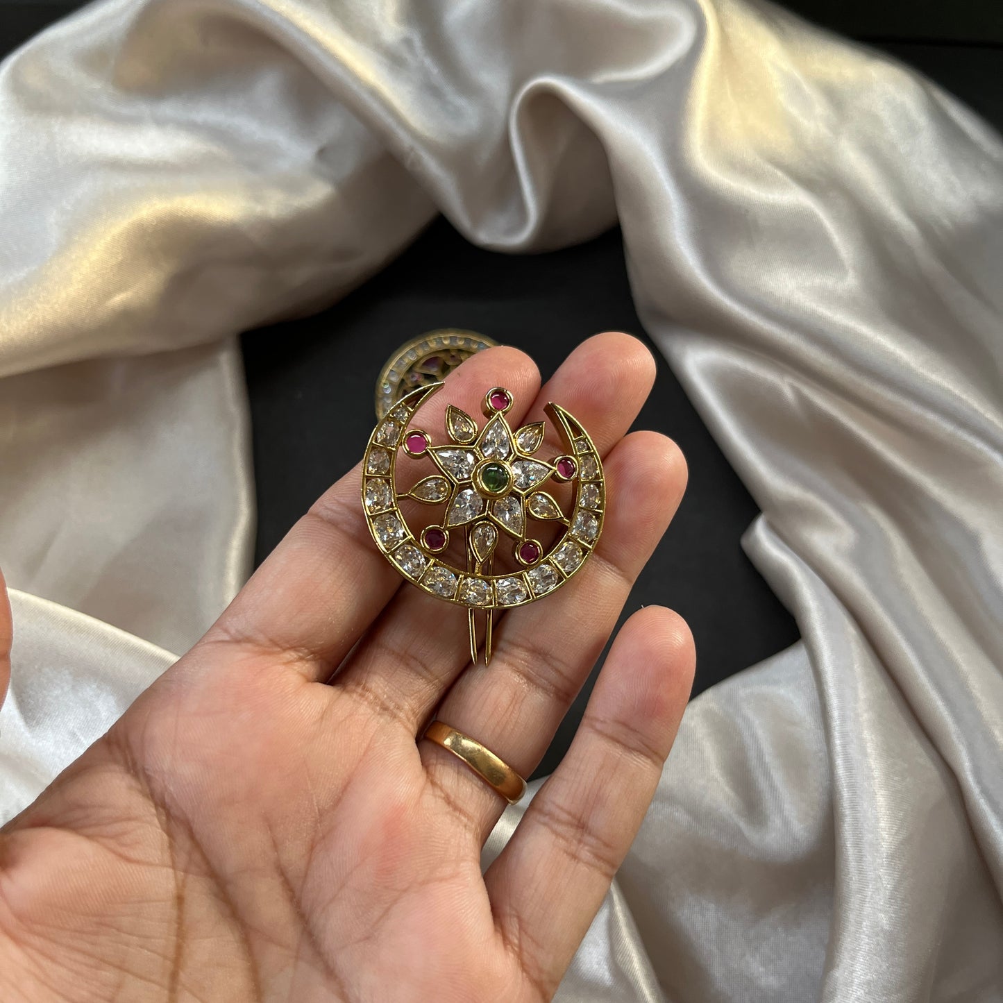 Traditional gold look South Indian stud earrings imitation jewelry with temple design motifs,Gold finish South Indian kemp earrings classic design with colorful stones for traditional outfits,South Indian gold tone jhumka earrings intricate detailing, perfect for festive and bridal wear