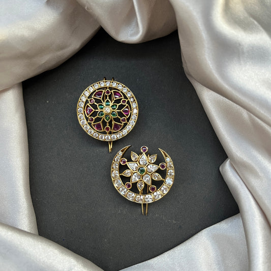 Traditional gold look South Indian stud earrings imitation jewelry with temple design motifs,Gold finish South Indian kemp earrings classic design with colorful stones for traditional outfits,South Indian gold tone jhumka earrings intricate detailing, perfect for festive and bridal wear