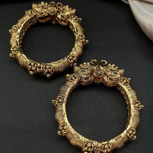 Traditional gold tone bangles with carved detailing imitation jewelry for weddings.Glossy gold look bangles in classic design  party wear imitation bangles for women