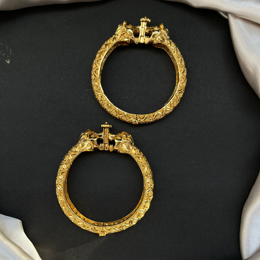 Traditional gold tone bangles with carved detailing imitation jewelry for weddings.Glossy gold look bangles in classic design  party wear imitation bangles for women