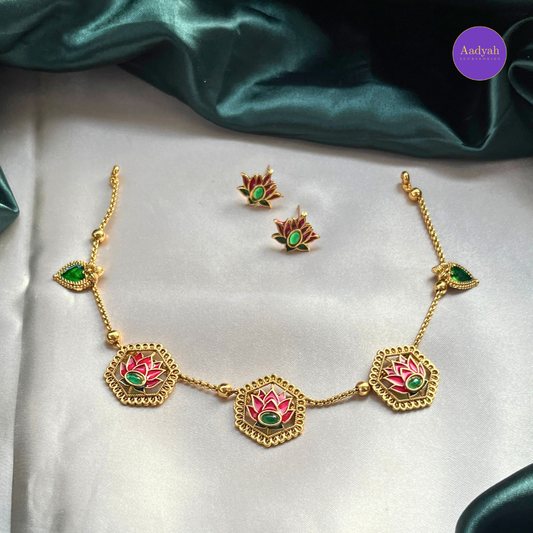 Lotus Enamel Necklace Set - Multi